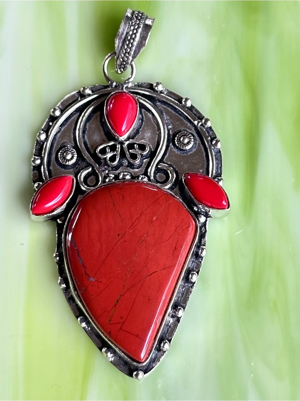Artisan RED JASPER Teardrop & RED CORAL ACCENT GEMSTONES Cabochon Pendant